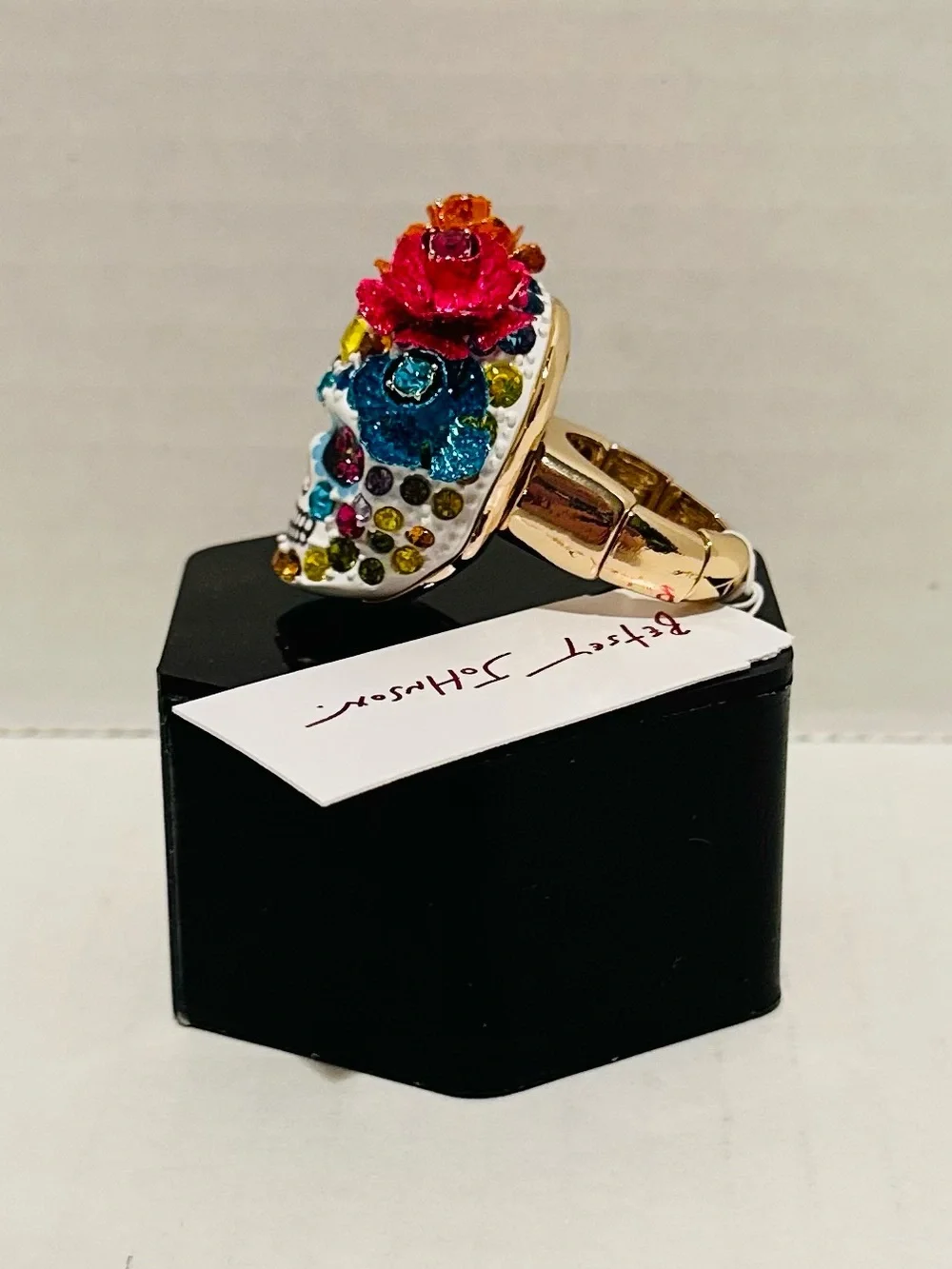Betsey Johnson NWT Pave Crystal Floral Skull Stretch Ring
